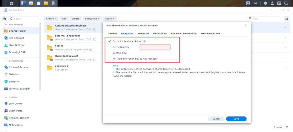 Settings Encryption Shared Folder DSM, that forced me to find and shorten long file and folder names