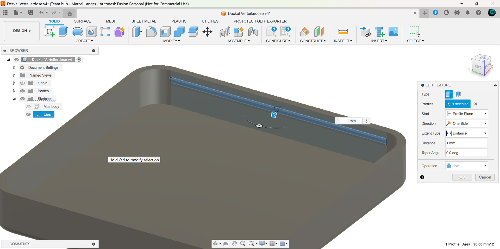 Junction Box Cap extrude sketch